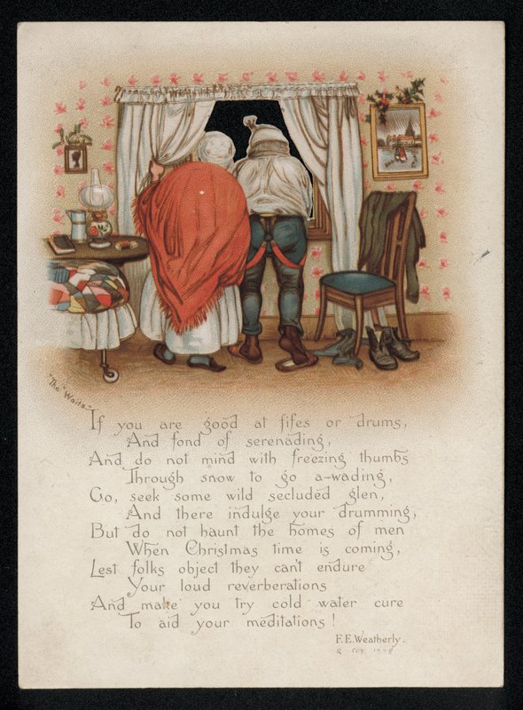 Ett par som protesterar mot carol-sångare utanför deras fönster, julhälsningskort. (chromolitho) av English School