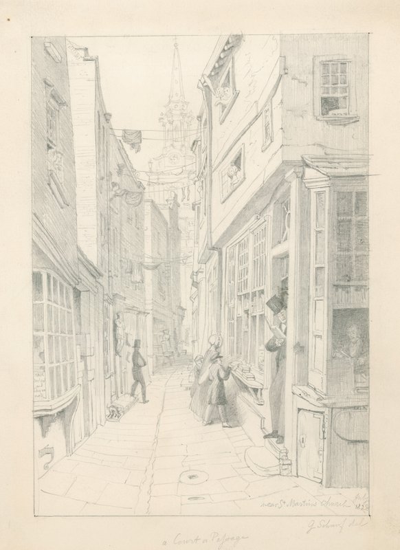 En domstol eller passage nära St Martins Church, London, juli 1828 av English School