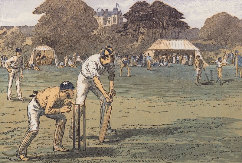 En cricketmatch (färglitografi) av English School