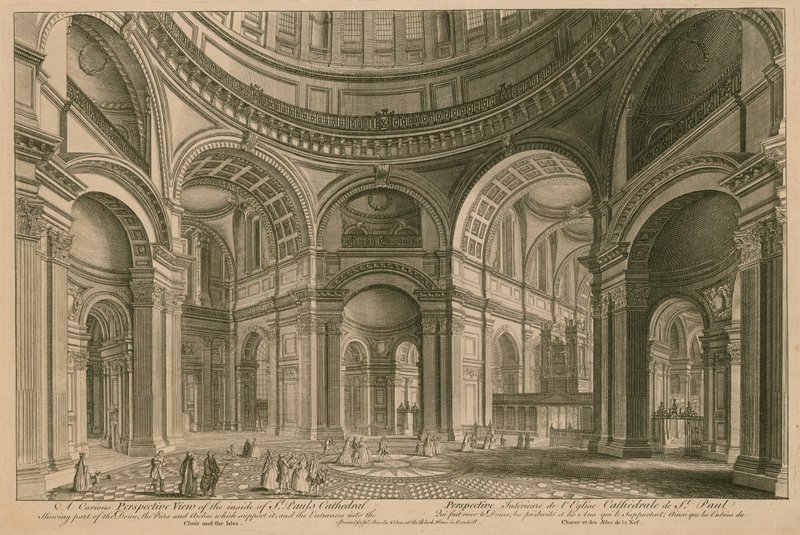 En nyfiken perspektivvy av insidan av St Pauls Cathedral, London av English School
