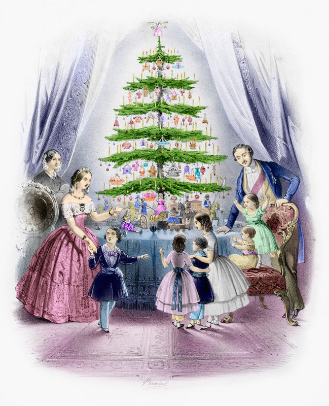En familj som står runt en julgran (färgad gravyr) av English School