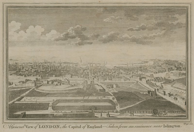 En allmän bild av London, Englands huvudstad, tagen från en eminens nära Islington av English School