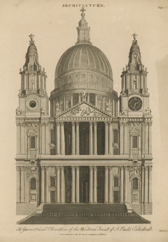En geometrisk höjd av den västra fronten av St Pauls Cathedral av English School