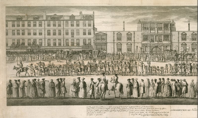 En geometrisk vy av den storslagna processionen av Scald Miserable Masons, Somerset House, London av English School