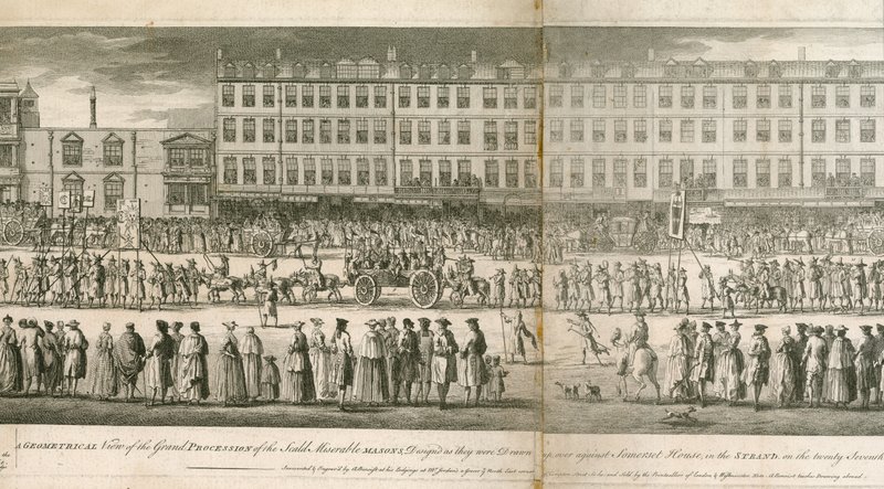 En geometrisk vy av den storslagna processionen av Scald Miserable Masons, Somerset House, London av English School