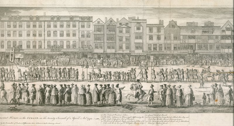 En geometrisk vy av den storslagna processionen av Scald Miserable Masons, Somerset House, London av English School