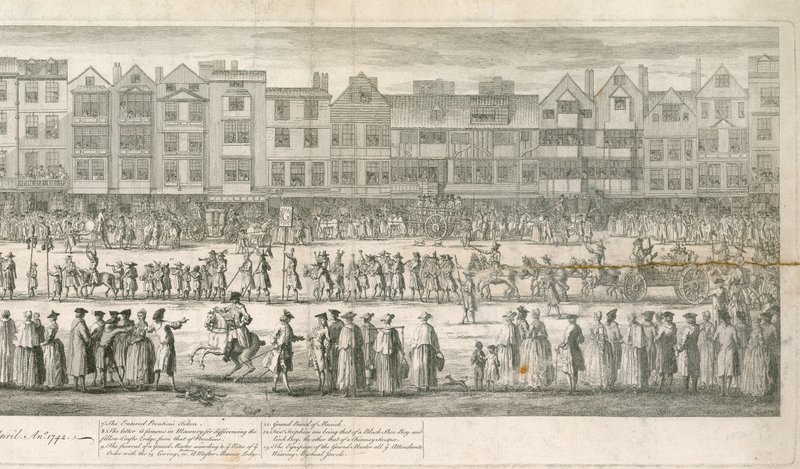 En geometrisk vy av den storslagna processionen av Scald Miserable Masons, Somerset House, London av English School