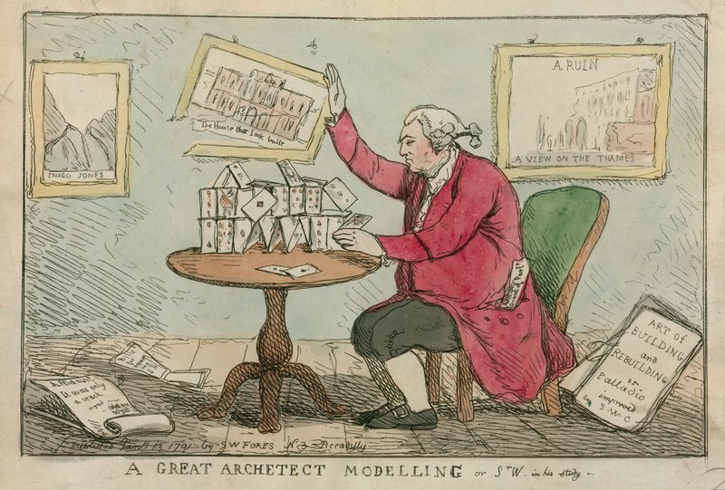 En stor arkitektmodellering - tecknad serie av Sir William Chambers, arkitekt av Somerset House av English School