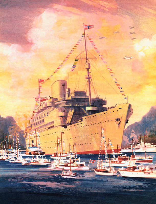 Ett stort ögonblick i Royal Mail Lines historia, Anderna anländer till Oslo 1945 (färg litho) av English School