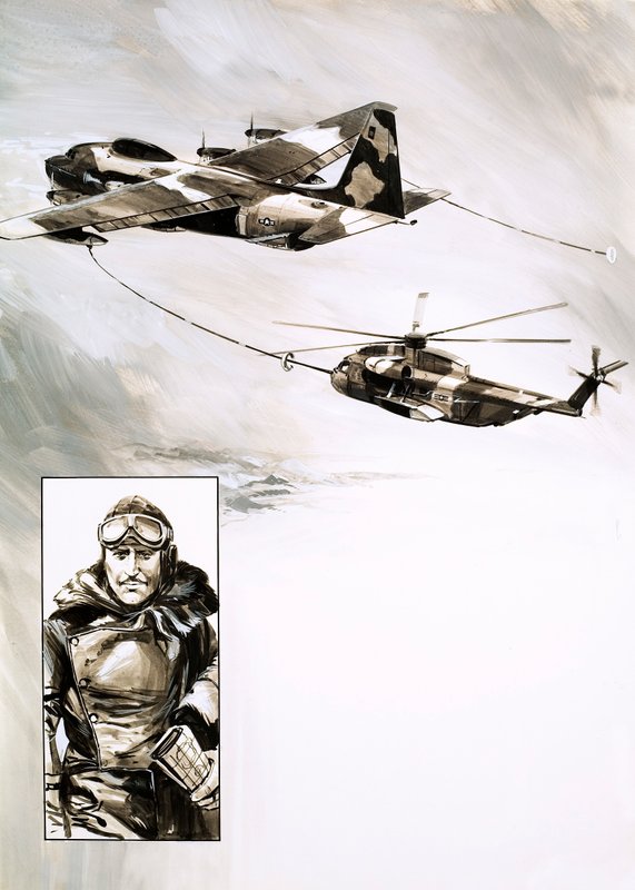 En helikopter tankade under flygningen (gouache på papper) av English School