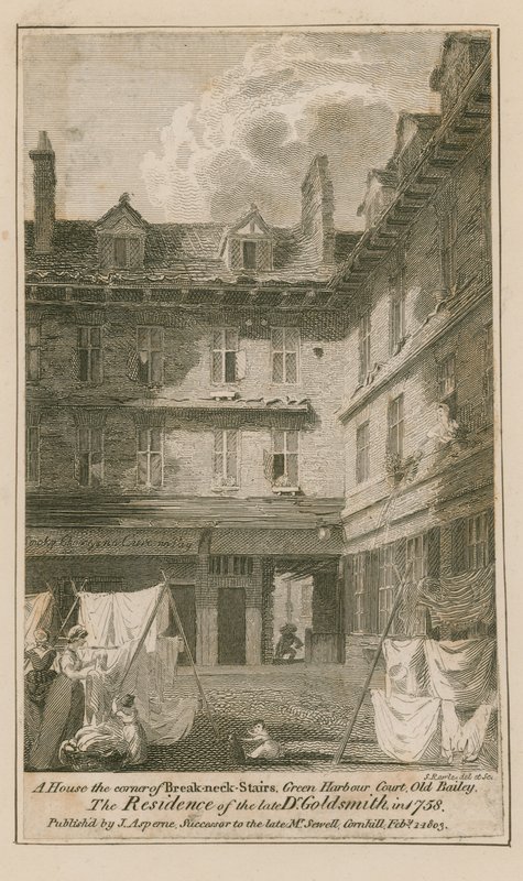 Ett hus i hörnet av Breakneck Stairs, Green Harbour Court, Old Bailey, London av English School