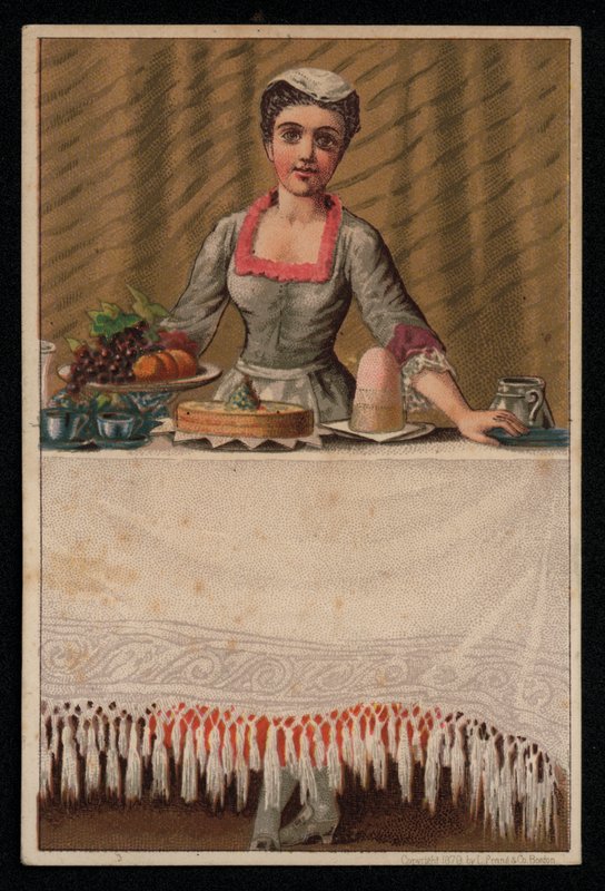 En piga eller tjänstgörande flicka som lägger ett bord med mat, gratulationskort. (chromolitho) av English School