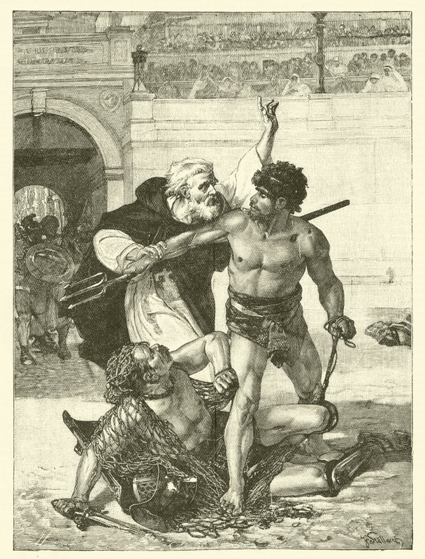 Munken Telemachos försöker stoppa gladiatorspelen på Colosseum i Rom (gravyr) av English School