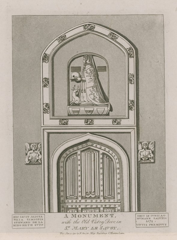 Ett monument med den gamla sakristidörren i St Mary le Savoy av English School