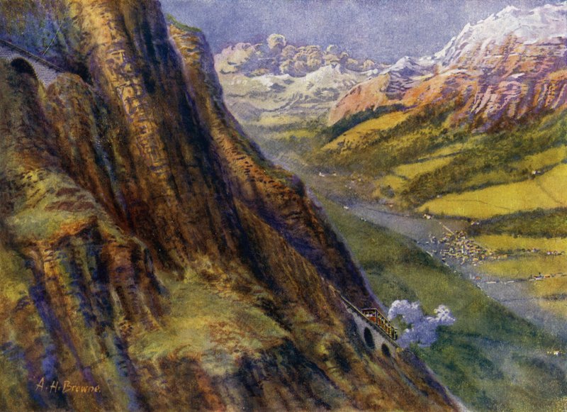 En bergsjärnväg i Schweiz (litho) av English School