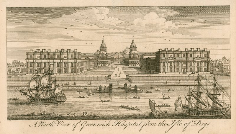 En nordlig vy av Greenwich Hospital, London, från Isle of Dogs av English School