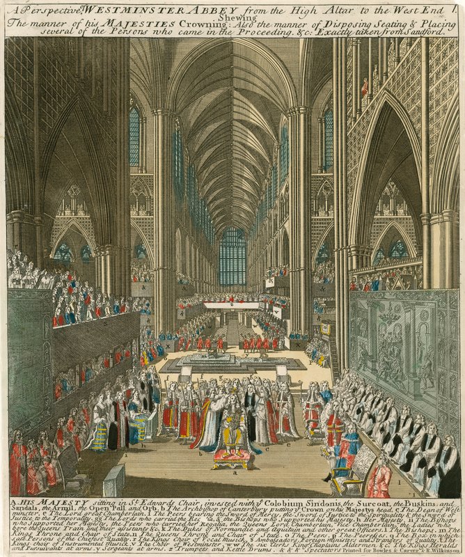 Ett perspektiv av Westminster Abbey från Högaltaret till West End vid kröningen av kung James II av English School