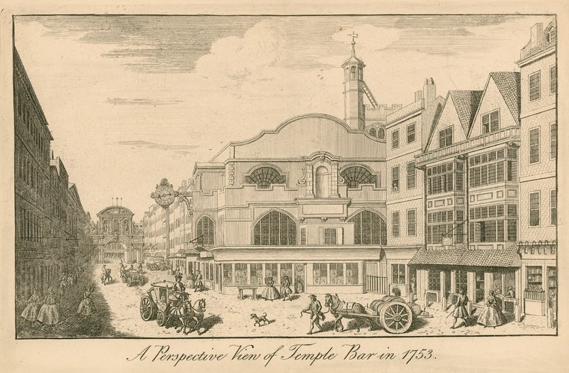 En perspektivvy av Temple Bar, London, 1753 av English School