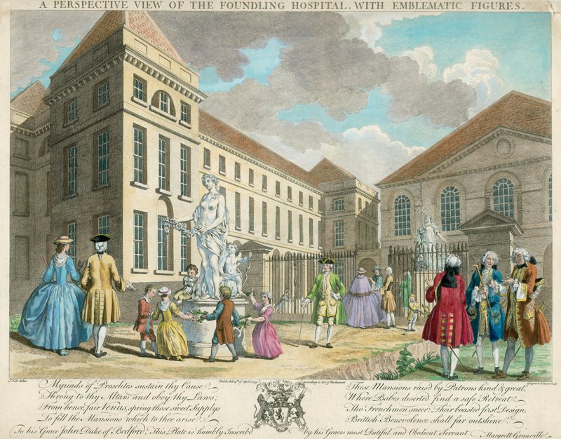En perspektivvy av Foundling Hospital med emblematiska figurer av English School