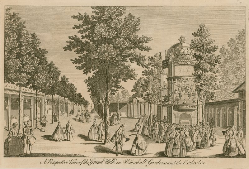 En perspektivvy av Grand Walk i Vauxhall Gardens, London och The Orchestra av English School