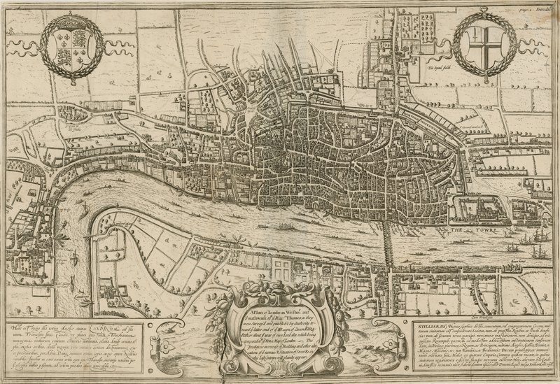 En plan över London, Westminster och Southwark som de undersöktes under drottning Elizabeths regeringstid av English School