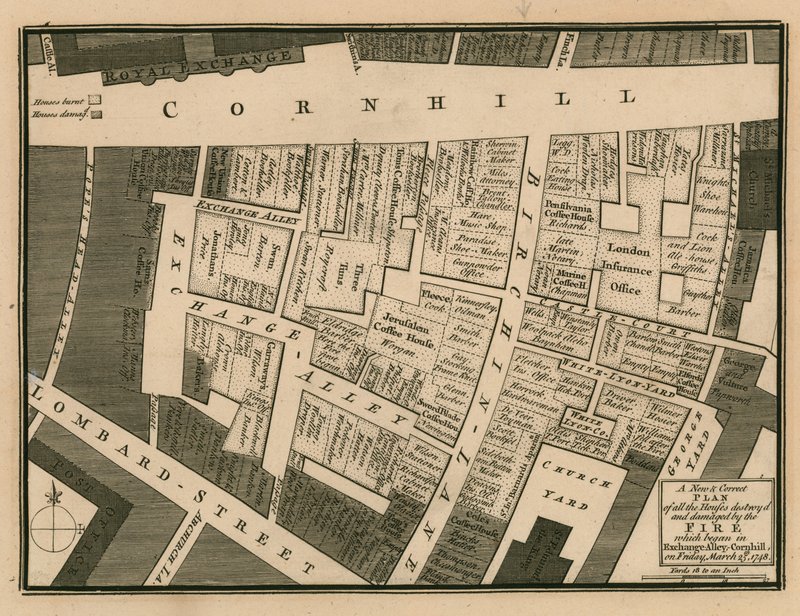 En plan över hus som förstördes i branden som började i Exchange alley, Cornhill, London, den 25 mars 1748 av English School