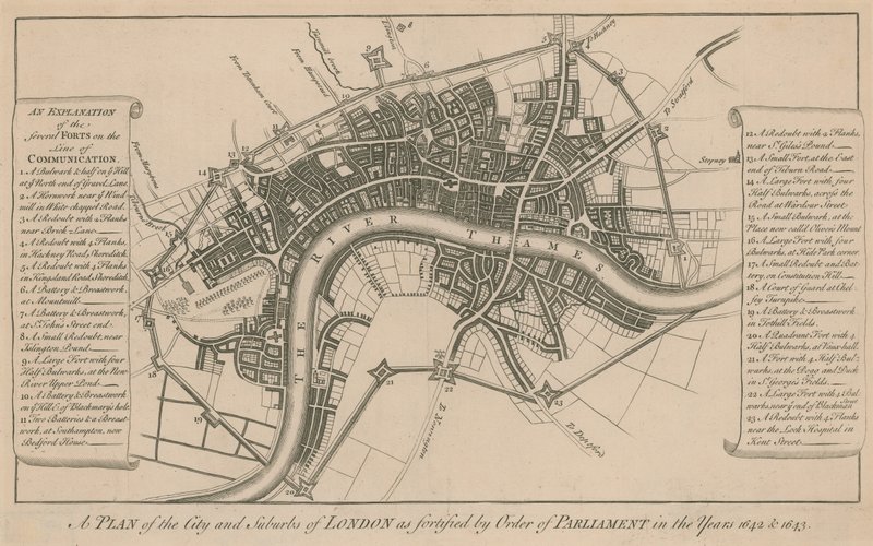 En plan över Londons stad och förorter som befästas på order av parlamentet åren 1642 och 1643 av English School