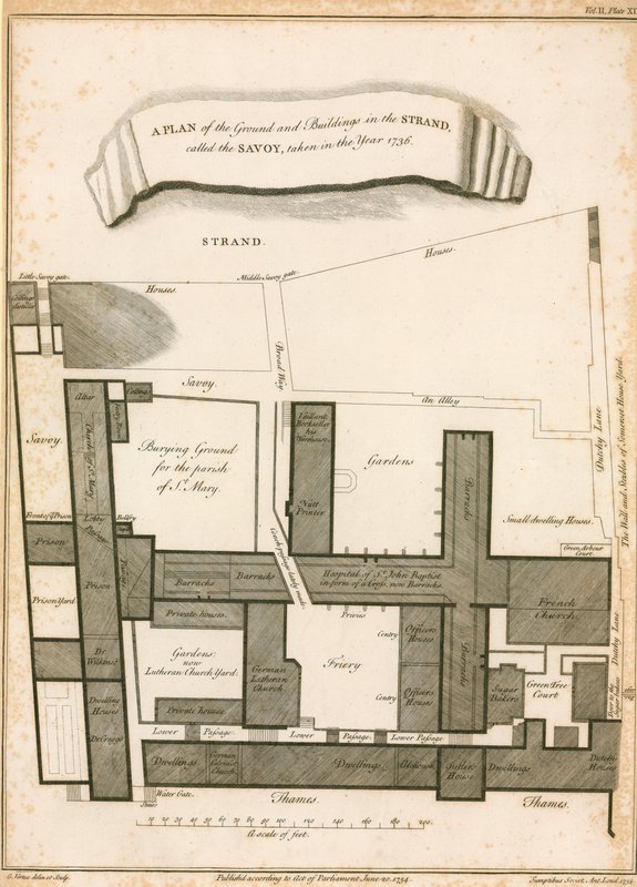En plan över marken och byggnaderna i Stranden kallad Savojen, tagen 1736 av English School