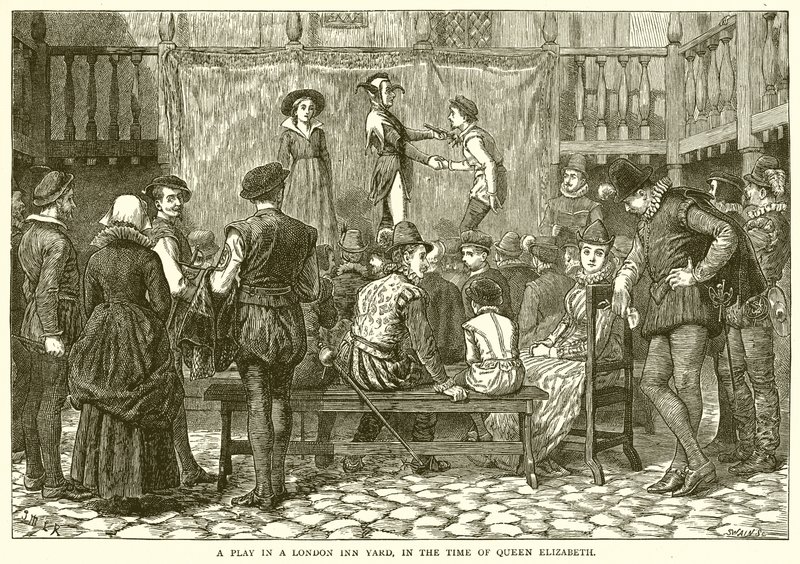 En pjäs i en London Inn Yard, på drottning Elizabeths tid av English School