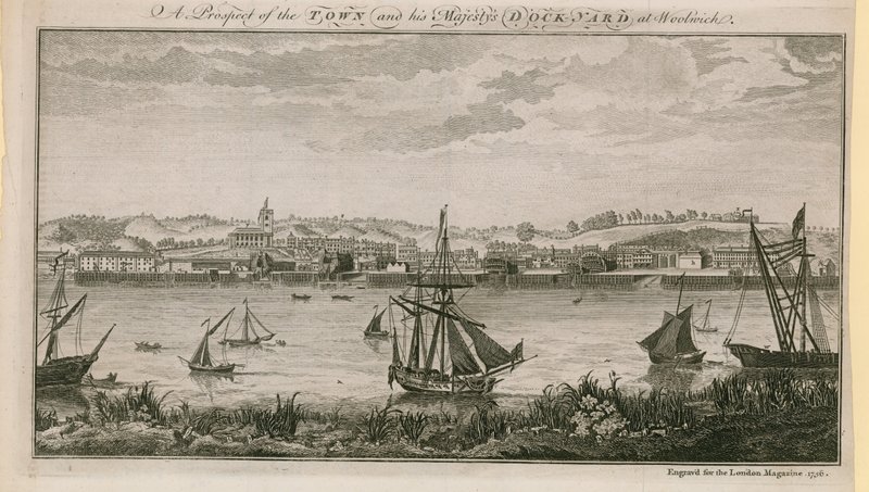 En utsikt över staden och HIs Majestys varv i Woolwich av English School