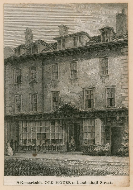 Ett anmärkningsvärt gammalt hus på Leadenhall Street, London av English School