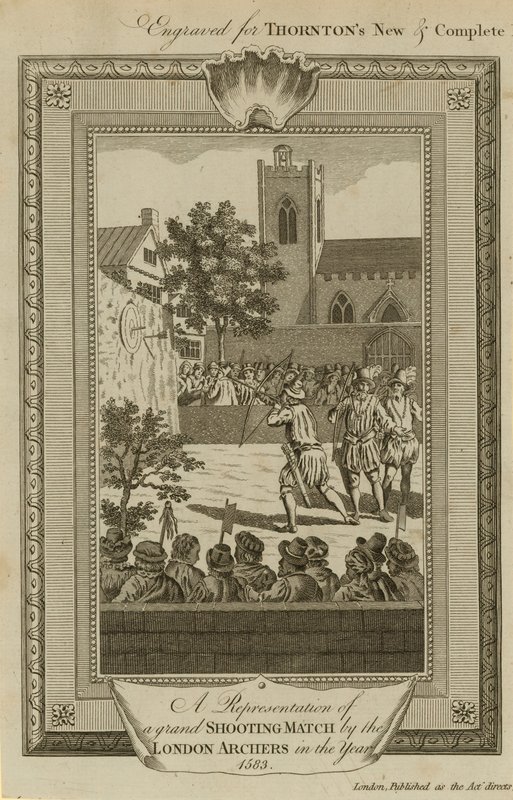 En representation av en storslagen skjutmatch av Londons bågskyttar år 1583 av English School