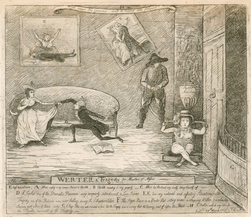 En scen ur F Reynolds burlesk Werter, först uppfördes på Covent Garden Theatre, London, den 14 mars 1786 av English School