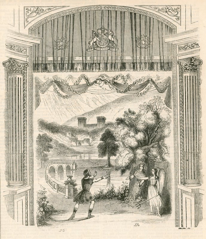 En scen ur pjäsen King Arthur, Drury Lane Theatre, London av English School
