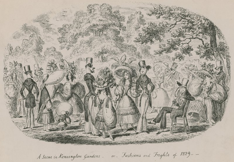 En scen i Kensington Gardens eller Fashions and Frights 1829 av English School
