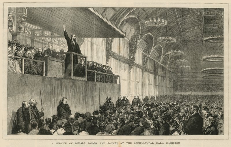 En tjänst av herrarna Moody och Sankey i Agricultural Hall, Islington av English School