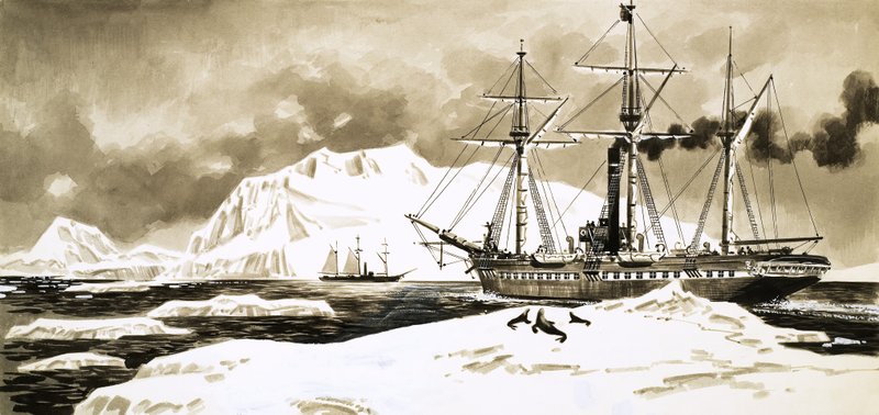 Ett skepp ångar mellan Arktis glaciärer av English School