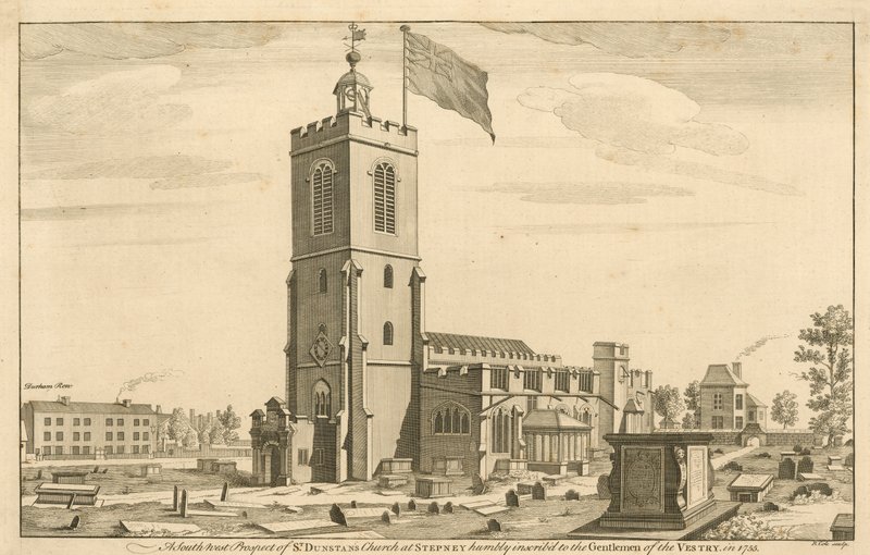 En sydvästlig utsikt över St Dunstans Church i Stepney, London av English School