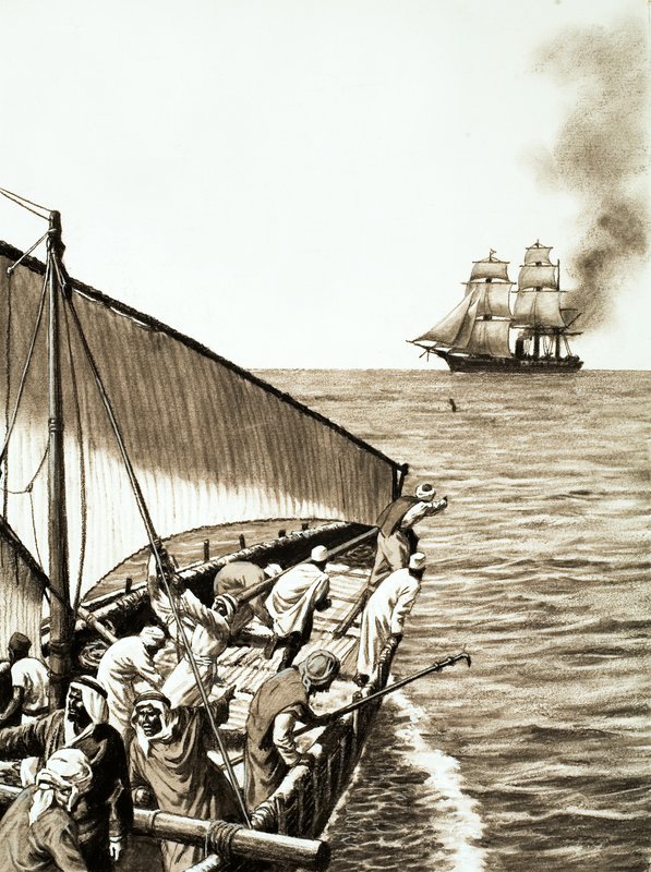 Ett ångfartyg vid horisonten, en arabisk dhow i förgrunden av English School