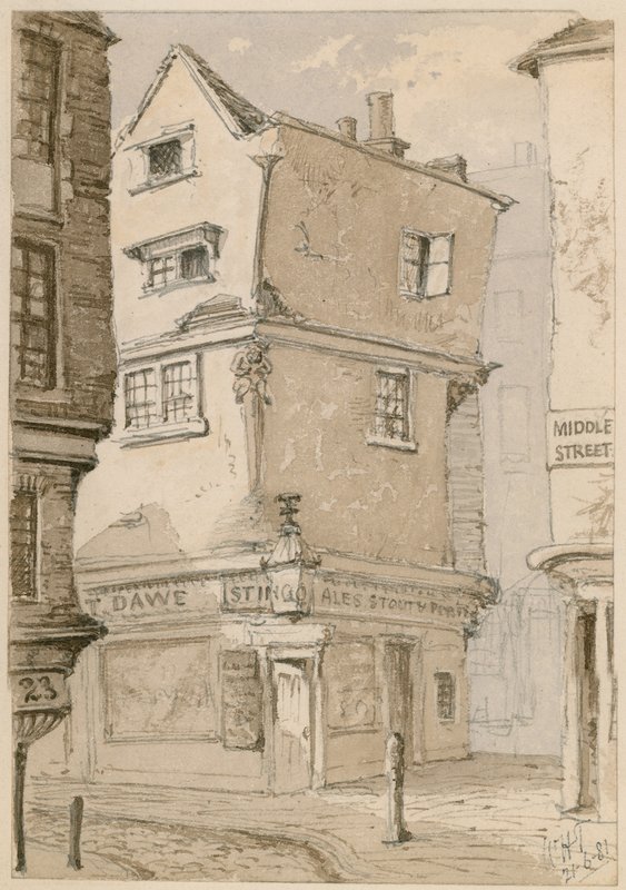 Ett gathörn i Cloth Fair, Smithfield, London, akvarellskiss, 1881 (wc på papper) av English School