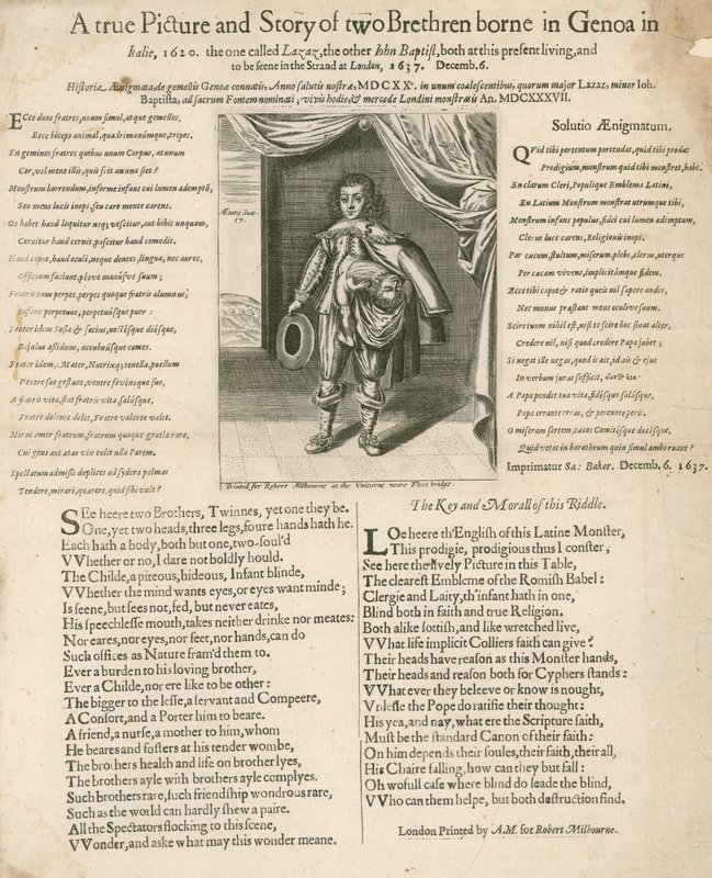 En sann bild och berättelse om två bröder födda i Genua i Italien, 1620 av English School