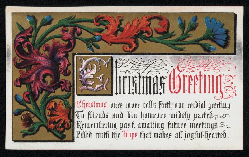 En vers med blommigt rullmönster, julhälsningskort. (chromolitho) av English School