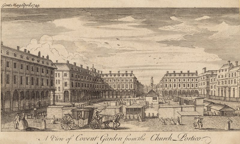 En vy av Covent Garden, London, från kyrkans portik av English School