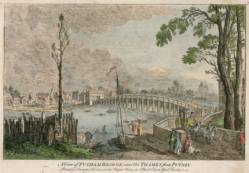 En vy av Fulham Bridge, London, över Themsen från Putney av English School