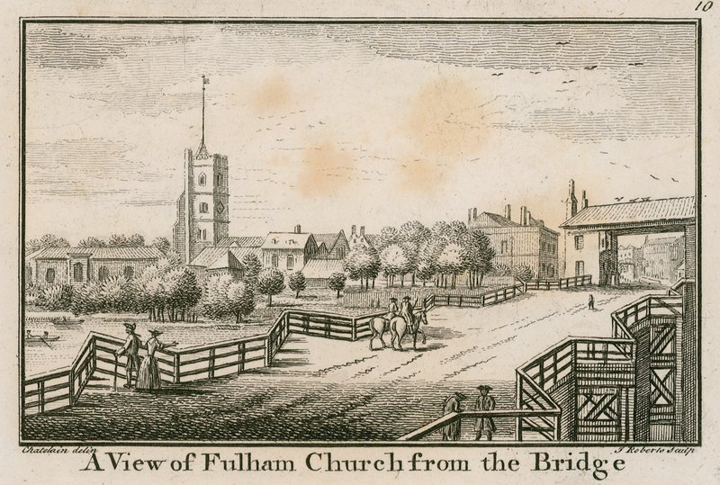 En vy av Fulham Church, London, från Fulham Bridge av English School