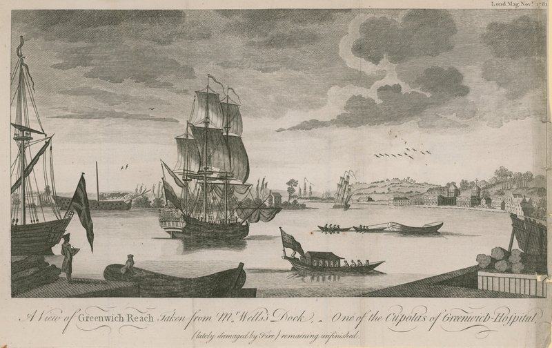 En vy av Greenwich Reach, tagen från Mr Wellss Dock av English School