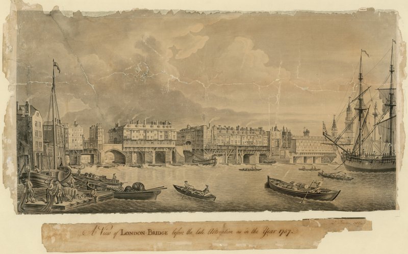 En vy över London Bridge före den sena ändringen som år 1757 av English School