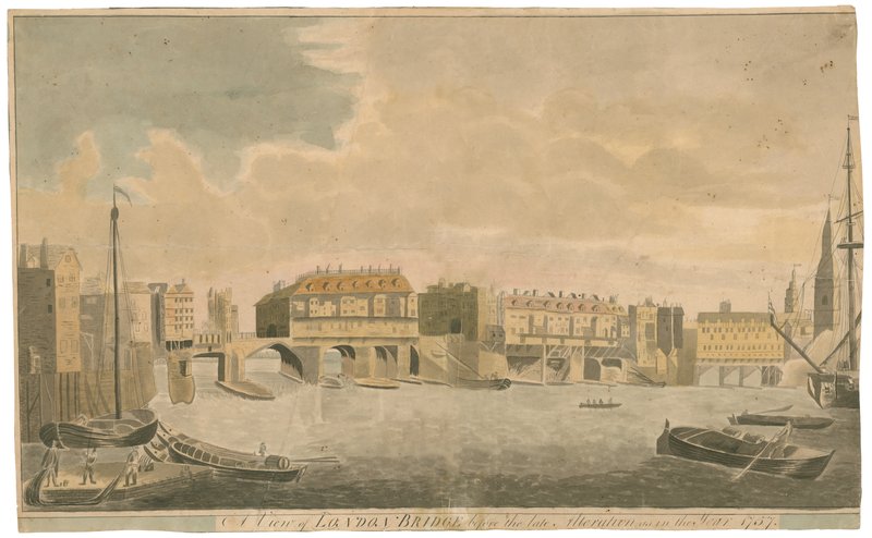 En vy över Old London Bridge före ändringar, som 1757 av English School