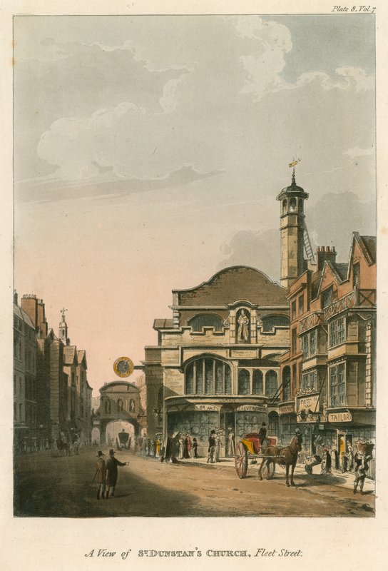 En vy av St Dunstans Church, Fleet Street, London av English School