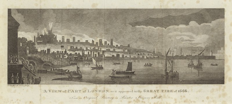 En vy av en del av London som den såg ut i den stora branden 1666 av English School